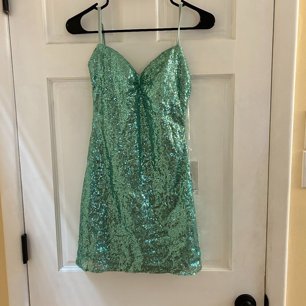 Sequin Spaghetti Strap Mini Dress in Aqua Mint Teal Homecoming